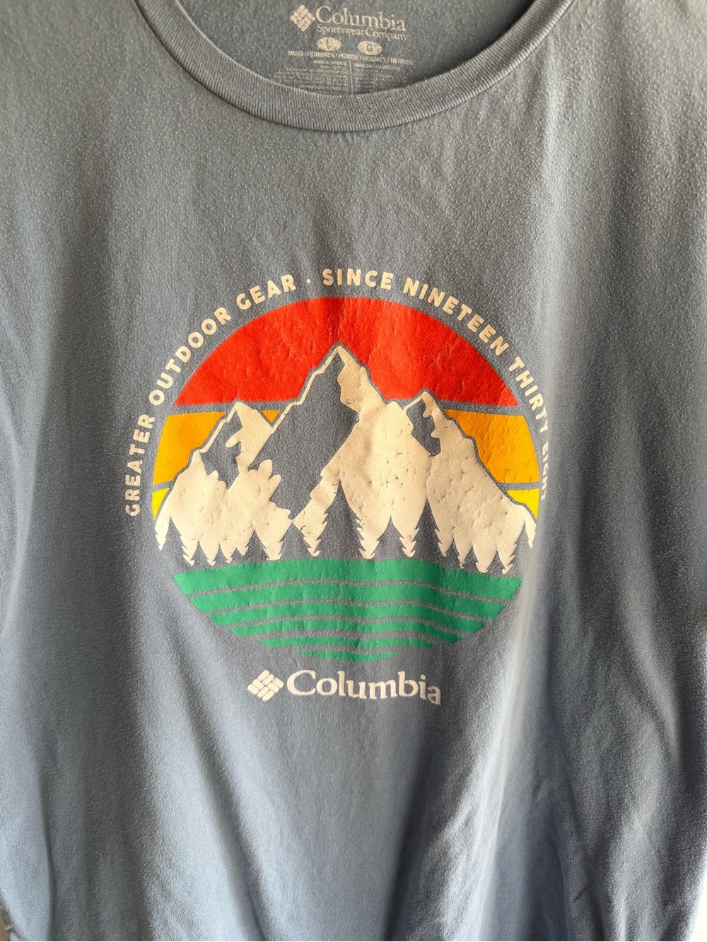 Columbia Slate Blue Short Sleeve Tee with Multi-Color Mountain Graphic